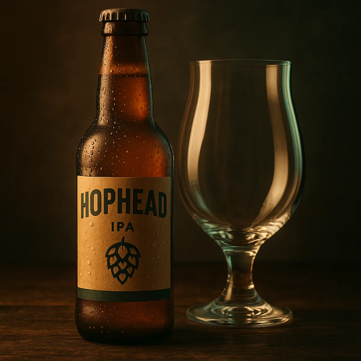 Bierflasche mit Hophead-IPA-Etikett neben leerem Glas auf rustikalem Holztisch
