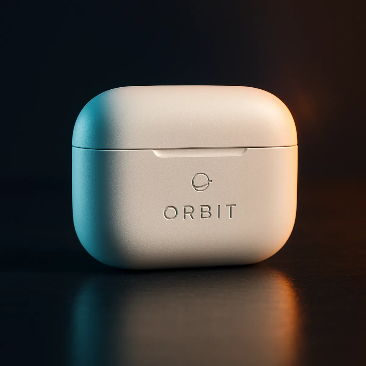 Weiße kabellose Ladecase mit Orbit-Logo, Deckel geschlossen, dunkler Hintergrund