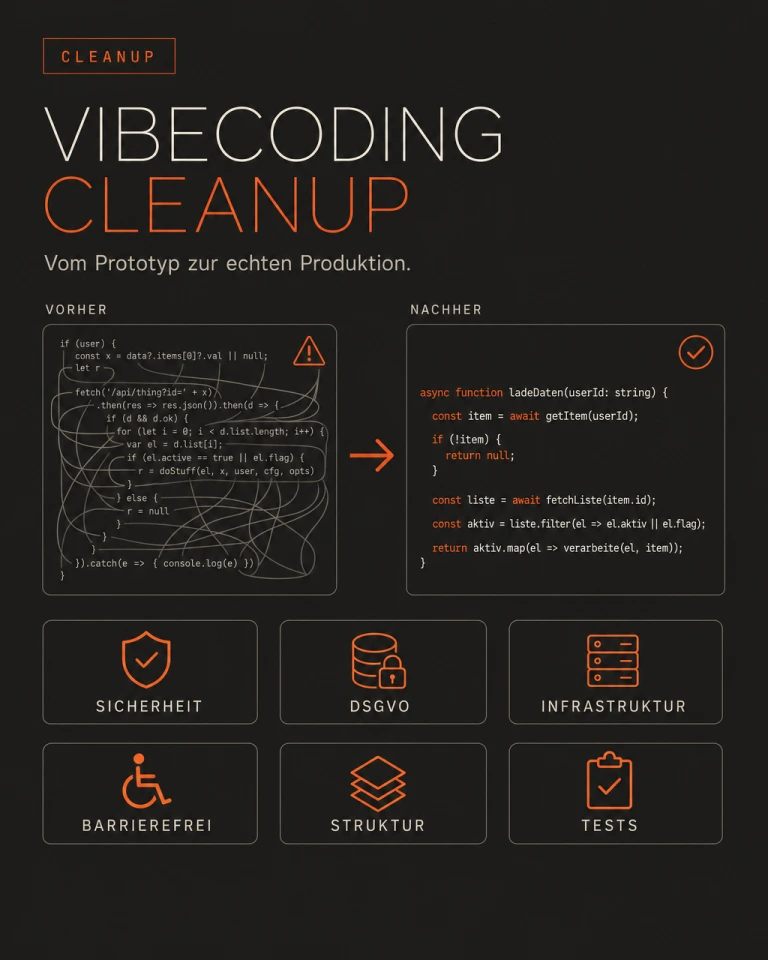 Infografik: Vibecoding Cleanup, Vorher/Nachher-Code-Vergleich und die sechs Bereiche Sicherheit, DSGVO, Infrastruktur, Barrierefreiheit, Struktur, Tests